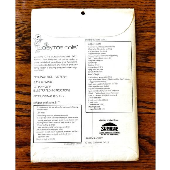 UNCUT Vintage 1980s Sewing Pattern Daisymae Doll Clothes Skipper & Kate 21" - Picture 2 of 2